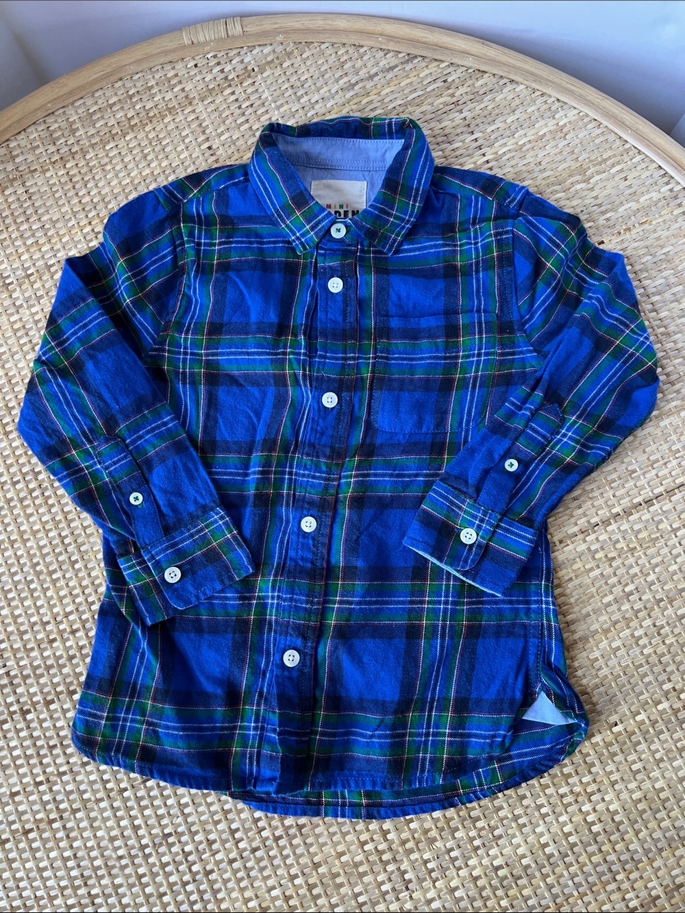 Mini Boden Kids Cosy Cotton Check Shirt long sleeve blue plaid green Boys 5-6 yr